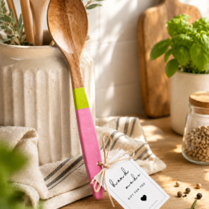 Kirpiwork El Boyaması Ahşap Servis Kaşığı – 24 cm - Pembe&Neon Lime